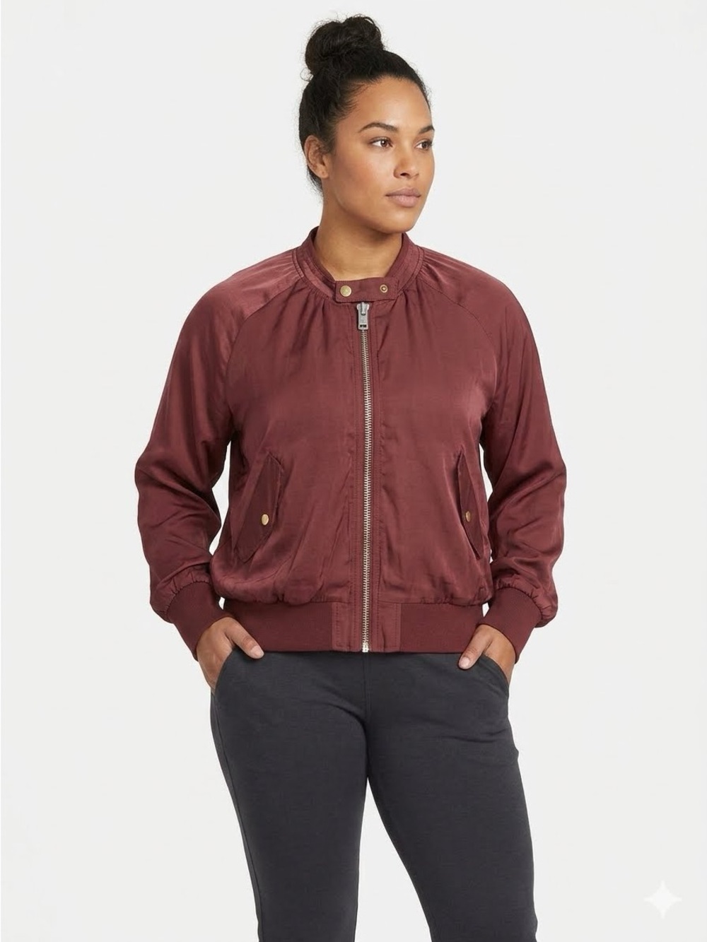 Free People Satin Bomber Jacket in Burgundy